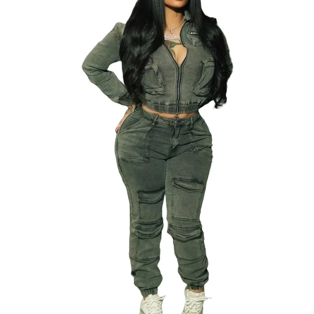 FAGADOER Fashion Denim Two Piece Set for Women Y2k Streetwear Lapel Zip Crop Jacket And Cargo Pockets Stretchy Jeans Outfits