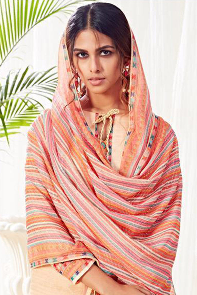 Peach Printed Cotton Suit Set with Mustard Pant & Multicolor Dupatta