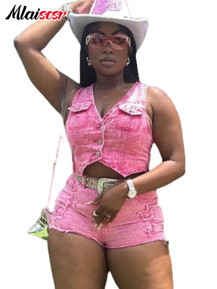 Mlaiscsr Pink Stretch Denim Sexy 2 Piece Club Outfit Women Sets V-Neck Vest Crop Tops and Embroidered Shorts Suit Y2k Streetwear