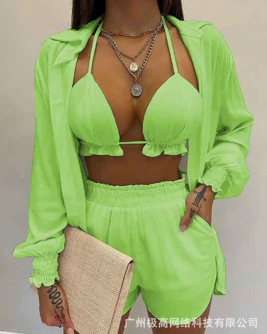 Lantern sleeve shirt and pocket design shorts set, solid color with ruffled edges and exposed navel top, new for 2025