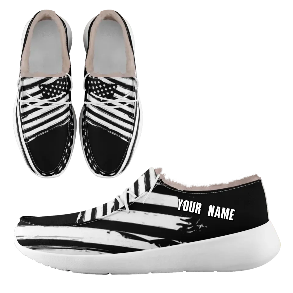 Personalized USA Flag Sneakers, Custom Stars and Stripes Loafer Shoes, Fur Lining Shoe, Pride in Comfort,FN042-24020304-3w