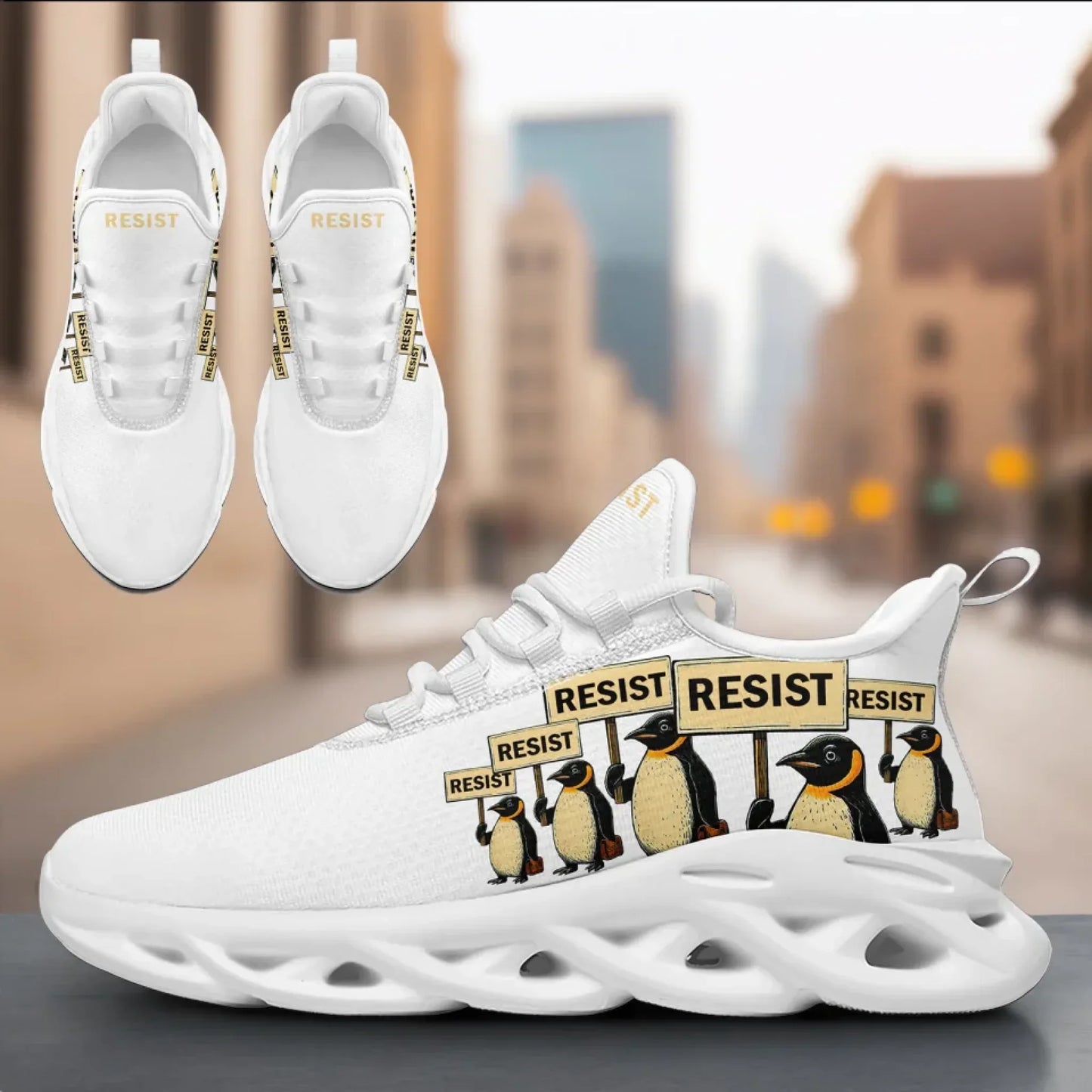 Personalized Gold Penguin Sneakers, Custom Lightweight Shoes, Resist Penguin Shoes