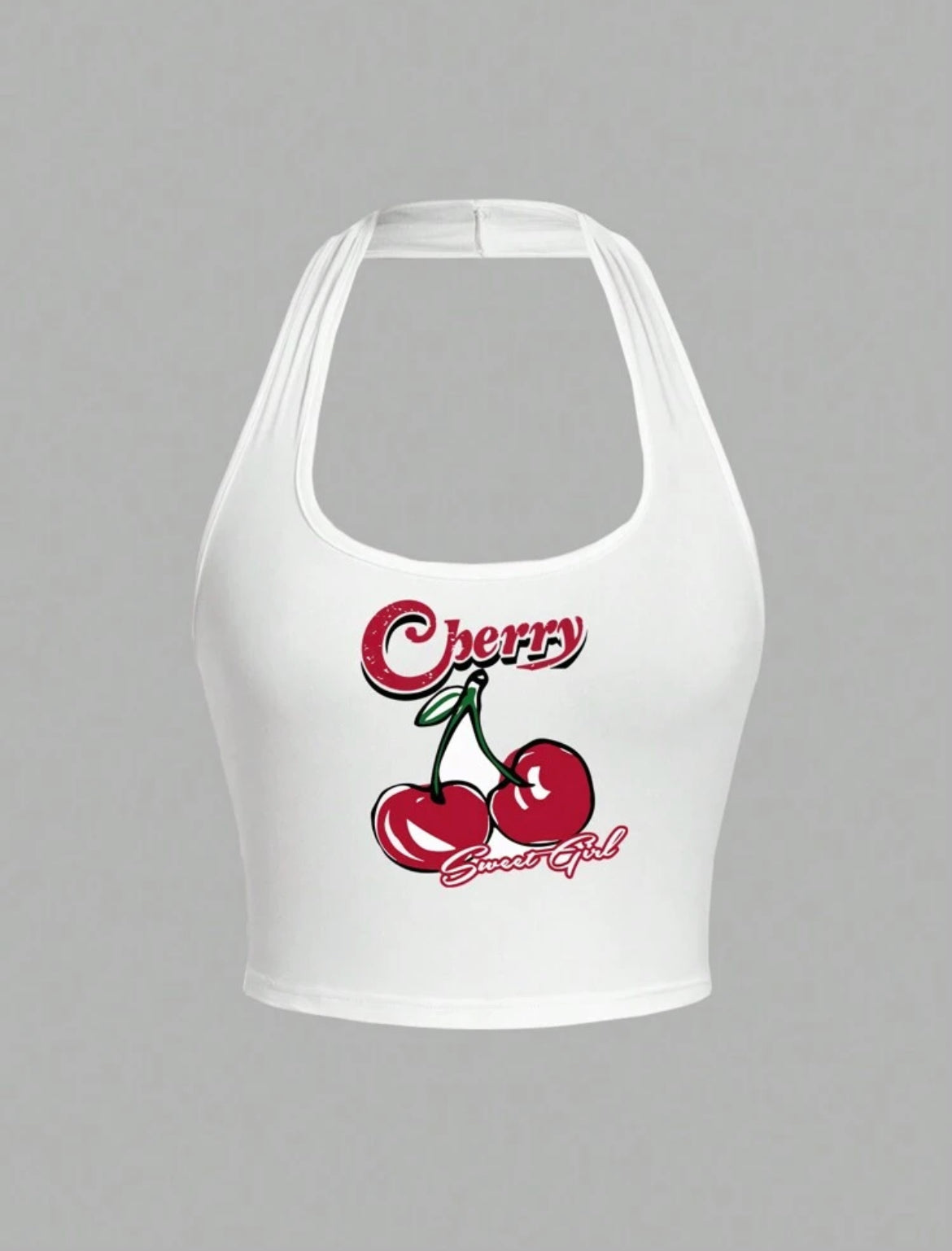 Cherry Pattern Casual Halter Neck Slim Fit Women's Tank Top Suitable For Summer Cherry Sweet Girl