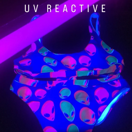 Neon Alien Blast Sport Top & High-Waisted Bikini Swimsuit / Rave Set | UV Blacklight Reactive
