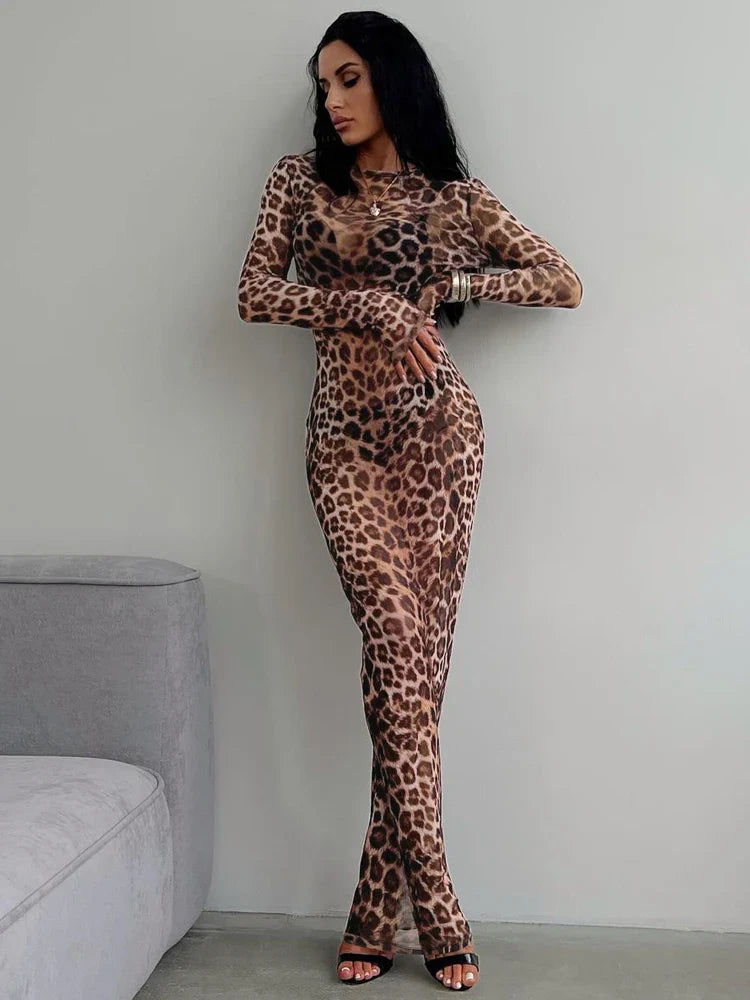 Hugcitar Leopard Print Mesh Long Sleeve Sexy Slim See Through Maxi Dress Fall Women Fashion Outfits Beach Vacation Club
