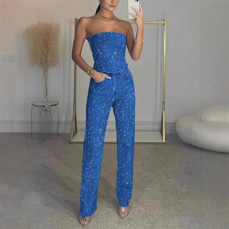 CPSYMYM Rhinestones Denim Vest Jeans Set Women Sexy Slim Sleeveless Strapless Empire Waist Zipper Pocket Pencil Trouser  Summer