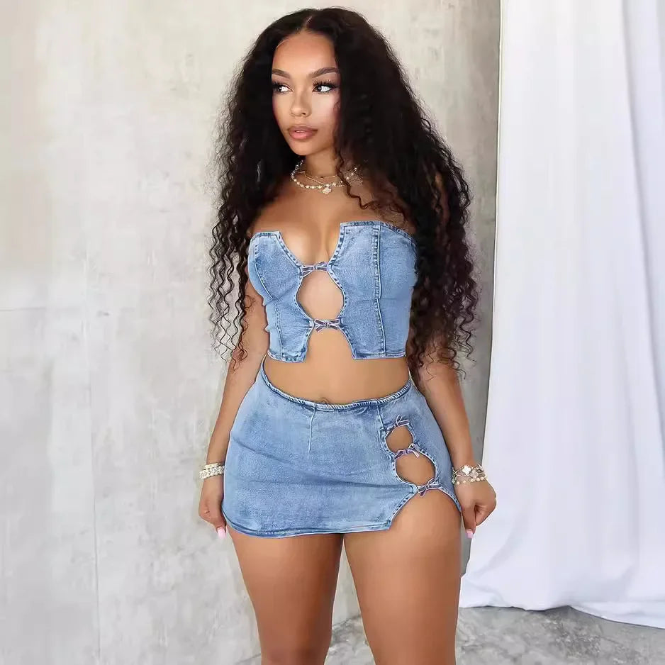 Sexy Denim Strapless Top Sleeveless Hollow Out Two Piece Sets Women Crop Tops Mini Skirt Cowboy Outfits Streetwear Skirts Suits