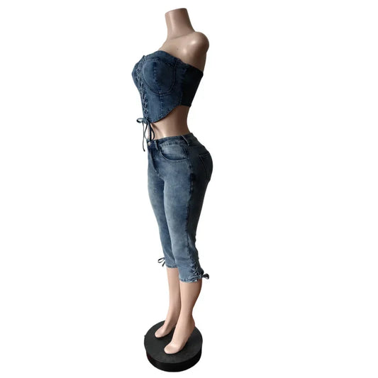 Fashion Sexy Lace-up Crop Jean Tube Top Women's Club Party Elastic Skinny Cropped Jeans Streetwear Two Piece Sets
