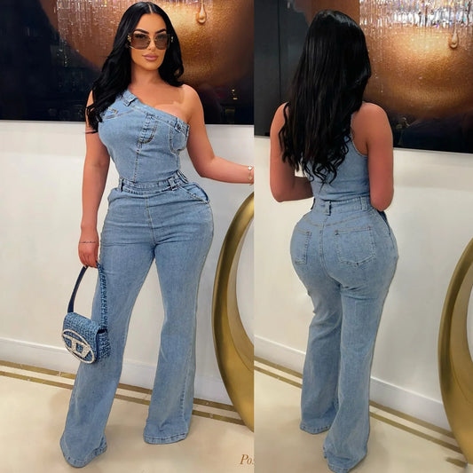 Demin Overalls Women Jumpsuits One Shoulder Mom Jeans Bodycon Long Pants Flare Pant High Waist Streetwear Y2k Slim Fit Rompers