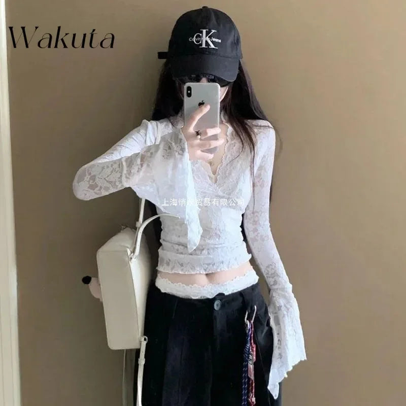 WAKUTA Sexy Lace Shirt V-neck Long-sleeved Outwear Tops Fall Short Tight Design Pure Desire Hottie Inner Pullovers Кофта Женская