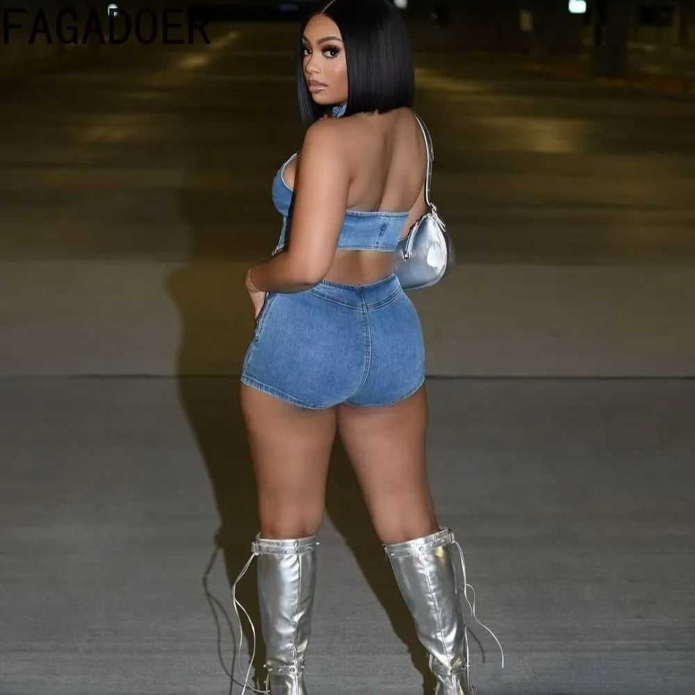 FAGADOER Y2K Sexy Denim 2 Piece Sets Woman Outfit Zipper Sleeveless Backless Halter Crop Top and Shorts Suits Female Streetwear
