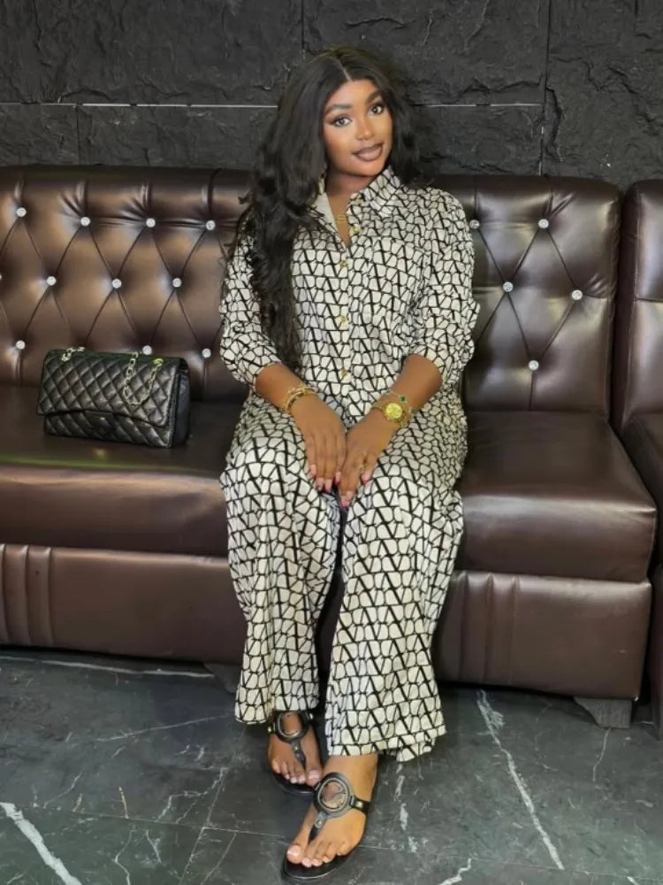 Joskaa Print 2 Piece Sets Women Hipster Lapel Full Sleeve Oversized Blouse and Wide Leg Pants Matching 2025 Y2K Streetwear