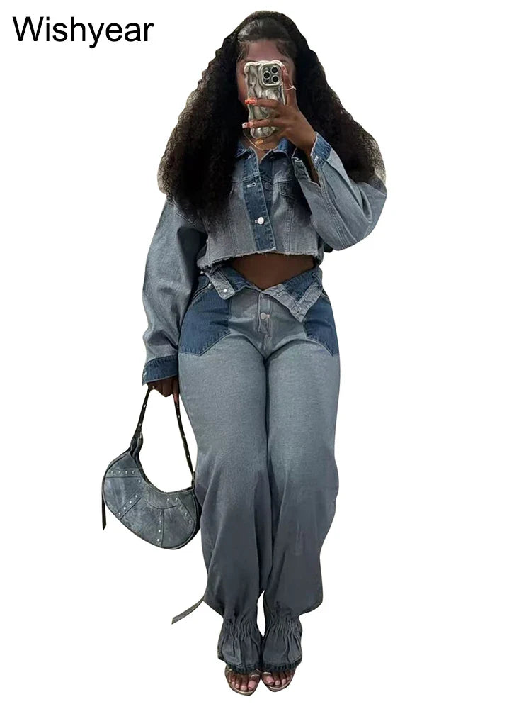 Streetwear Blue Patchwork Denim Two 2 Piece Pants Set Women Sales Long Sleeve Crop Tops and Flare Jeans Loose Matching Outfits