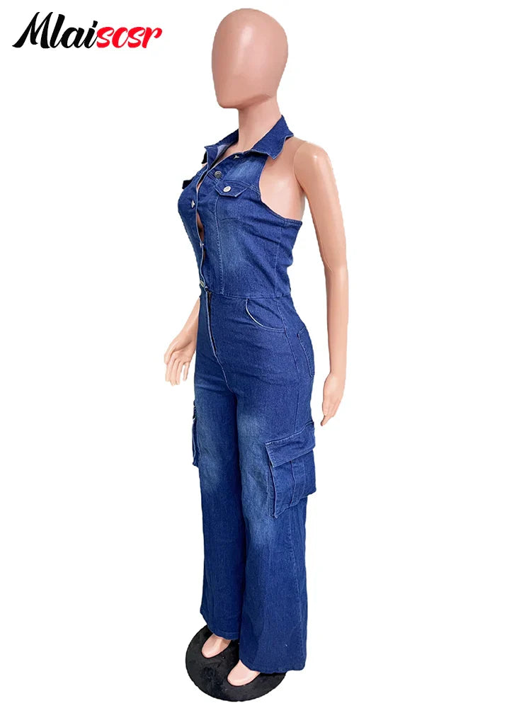 Mlaiscsr Women Clothing Blue Denim One Piece Jumpsuit Halter Backless Sleeveless Straight Jean Overalls Cargo Pants Rompers  New