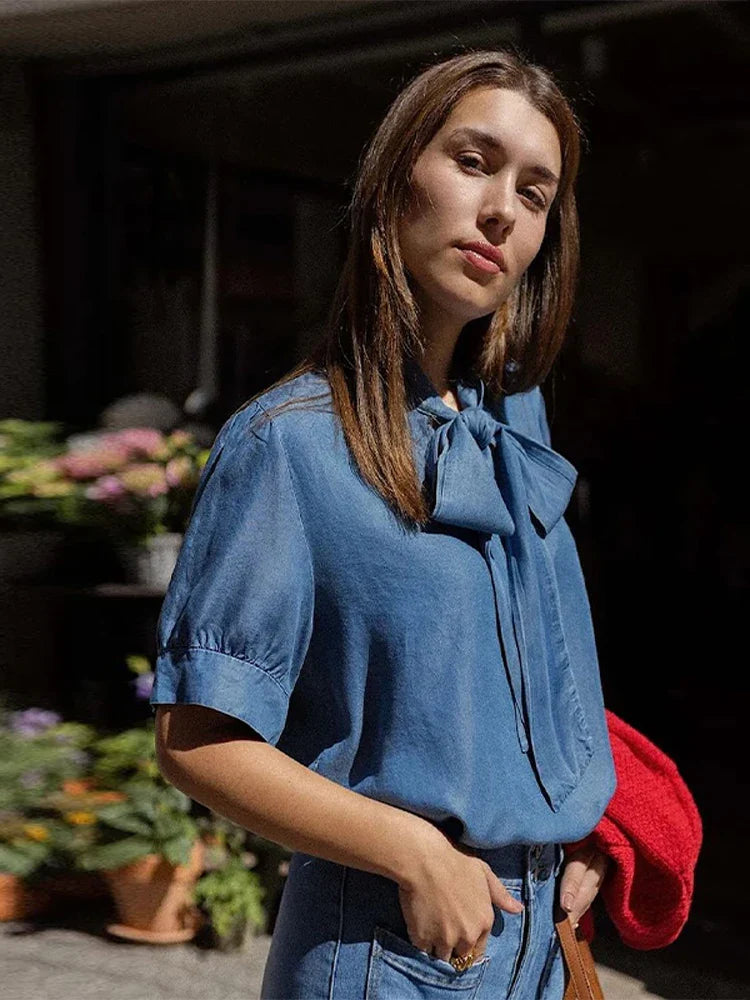 Chic Vintage Bow Lace Women Denim Shirts Pants Sets Baggy Ruff Sleeves Lady Tops Jeans Casual Office Work Elegant Fashion Suits