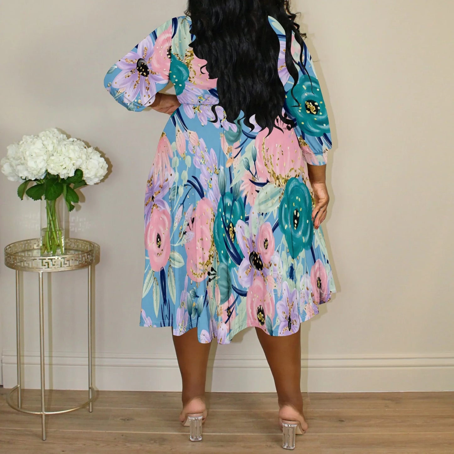 Plus Size Women's Abstract Watercolor Floral Print V-Neck Wrap Midi Dress 3/4 Sleeve Elegant Look