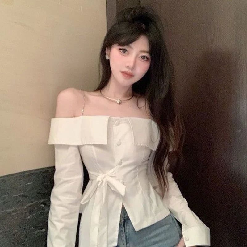 Elegant Slash Neck Shirts Women Streetwear Ruffles Bandage White Blouses Korean Fashion Chain Long Sleeve Design Slim Tops New