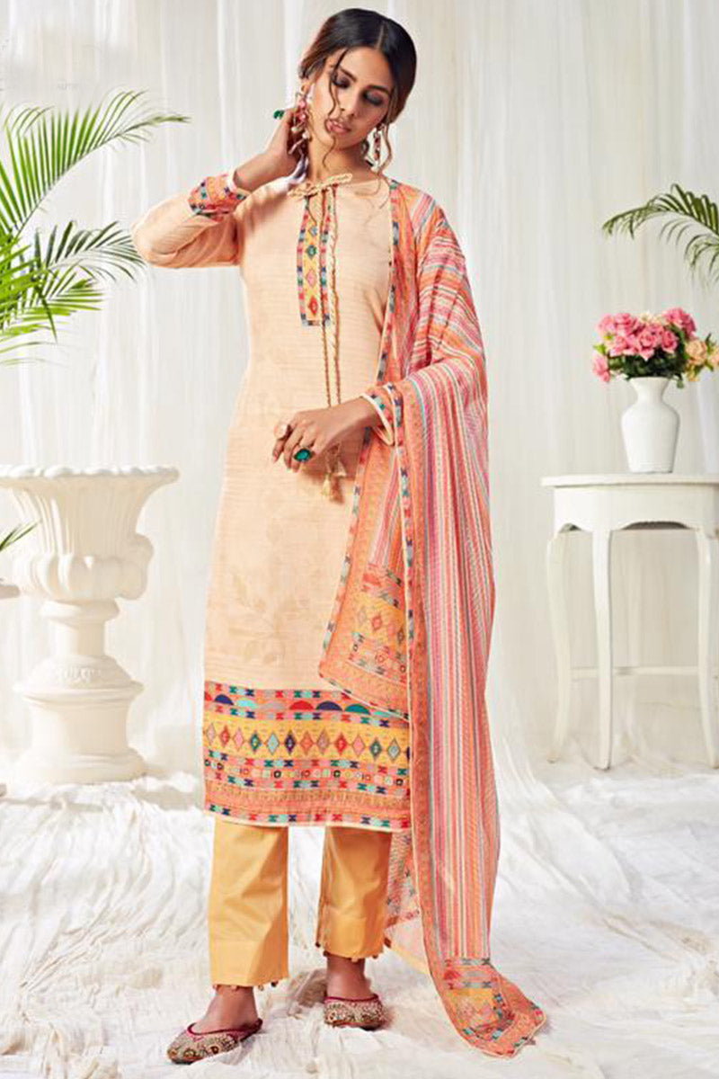 Peach Printed Cotton Suit Set with Mustard Pant & Multicolor Dupatta