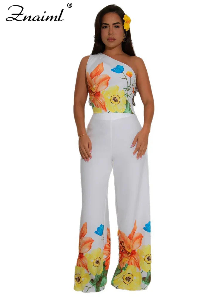 Znaiml Flower Print 2 Piece Pant Set Women Skew Collar Crop Tops and Wide Leg Pants Casual Summer Vacation Party Outfits 2025