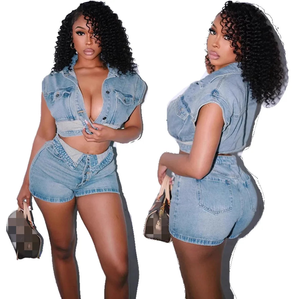 Y2k Fashion Washed Denim Women Shorts Set 2025 Summer Street Wear Sexy Clothes Jean Patchwork Two 2 Piece Matching Sets Outfits