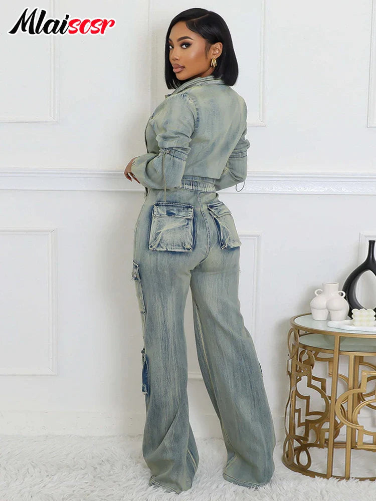 Mlaiscsr Vintage Stretch Denim 2 Piece Pants Sets Women Zip Slim Jackets and Pocket Cargo Jeans Outfit Streetwear Winter Suits