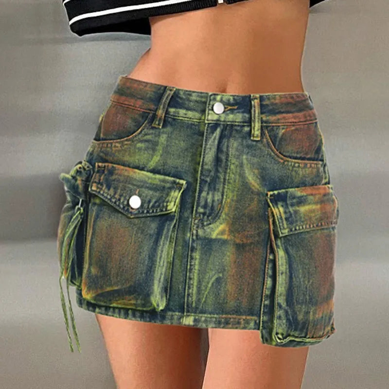 Make-old Three-dimensional Multi-pocket High Waist Denim Skirt. New Asymmetrical Casual A-line Mini Skirt for Women in Summer