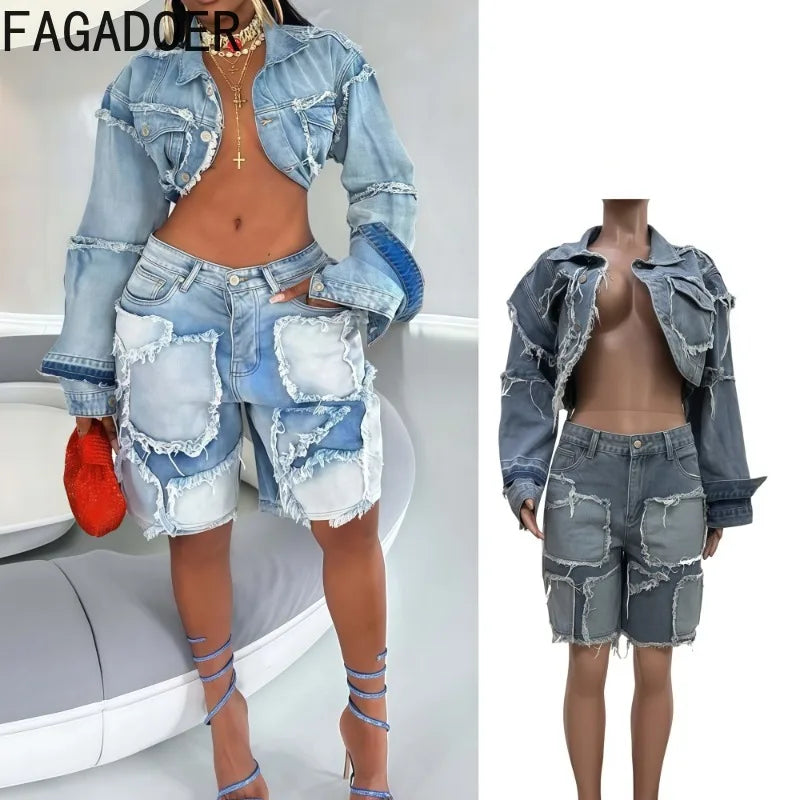 FAGADOER Summer New Fashion Denim 2 Piece Sets Woman Outfit Long Sleeves Patchwork Crop Jacket + Short Female Streetwear New