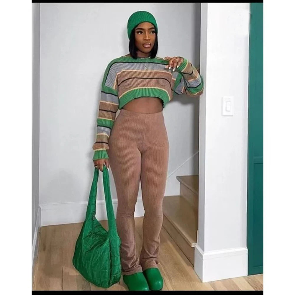 Women 2 Piece Set Long Sleeve Striped Sweater and Sweat Pants Suits 2024 Winter Fitness Active Two Piece Lounge Sets Tracksuit