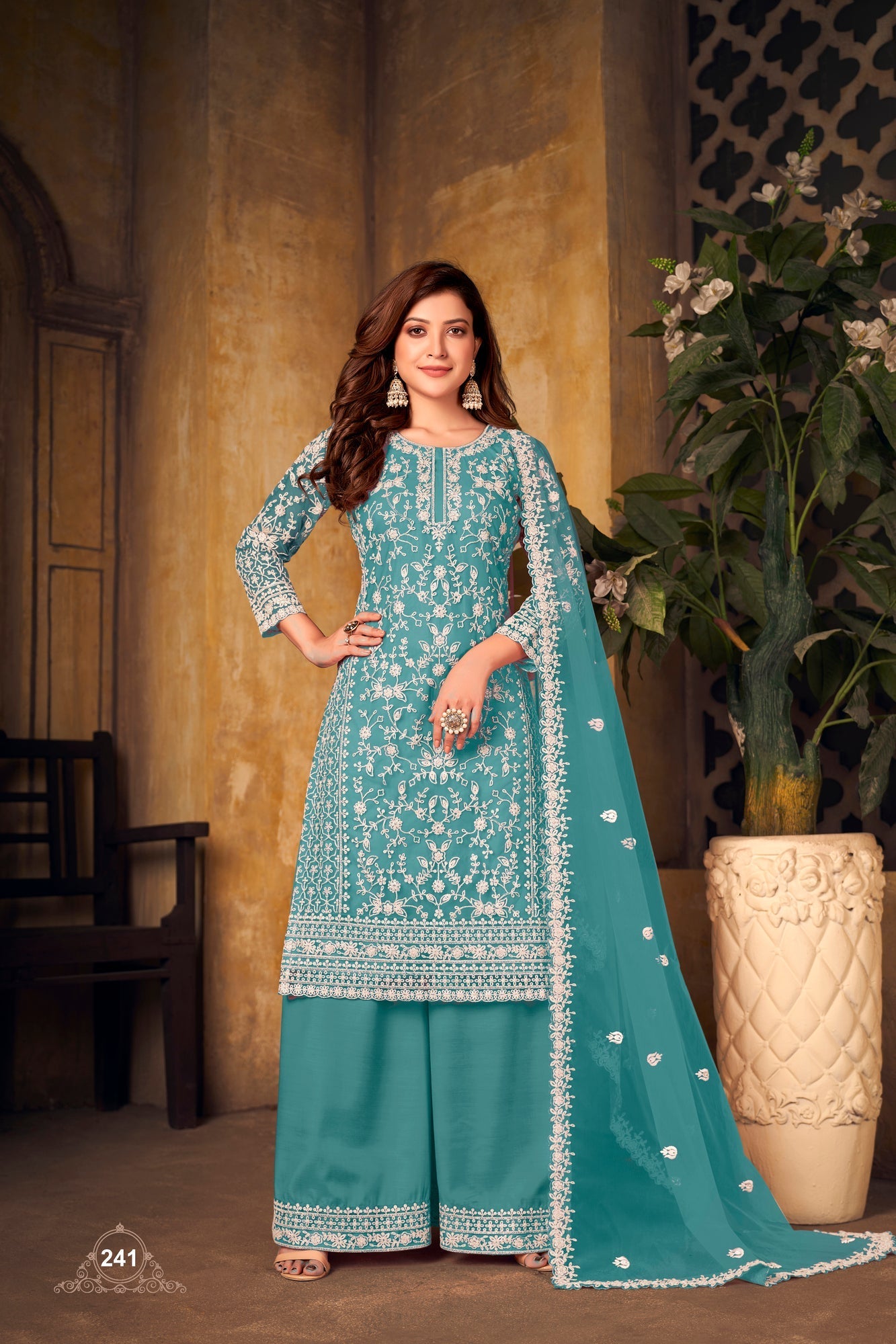 Pakistan Designer Wear Net Teal Blue Straight Cut Palazzo Style Suit
