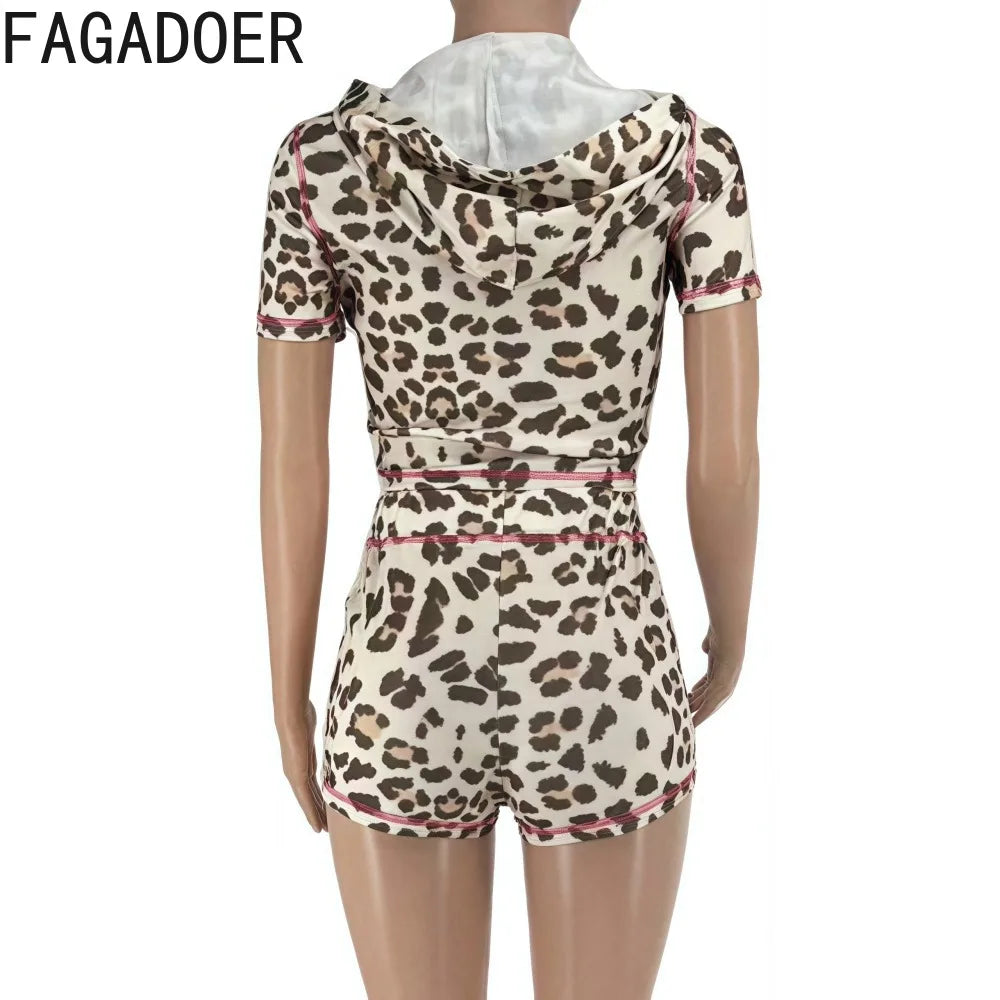 FAGADOER Sexy Leopard Contrast Letter Print Woman 2 Piece Set Outfit Short Sleeve Crop Jacket+Skinny Flare Pants Suit Streetwear