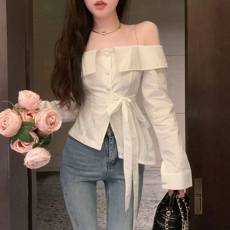 Elegant Slash Neck Shirts Women Streetwear Ruffles Bandage White Blouses Korean Fashion Chain Long Sleeve Design Slim Tops New