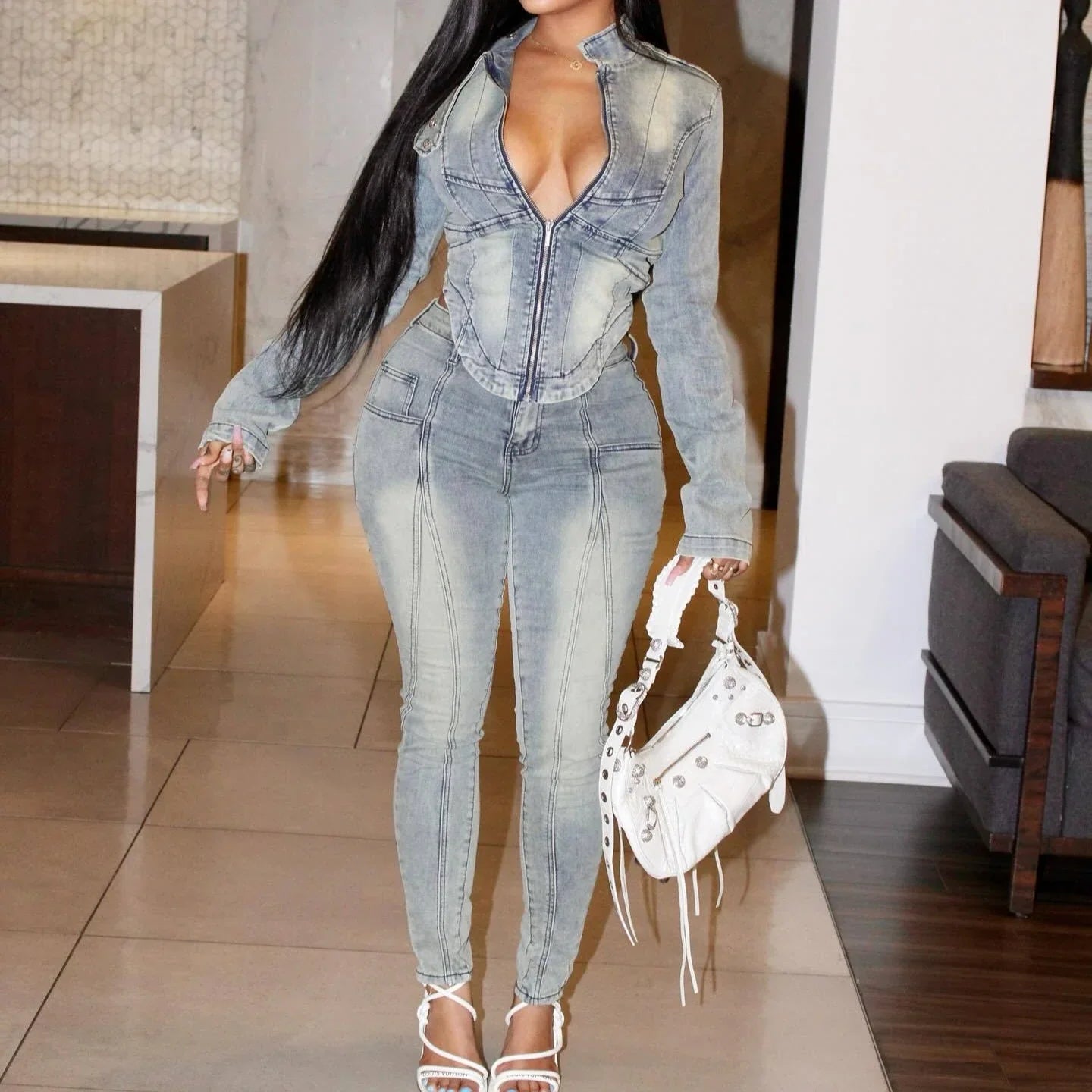 Denim Pant Set Women Two Piece Sets Matching Sets Zipper Short Tops Coats Long Pants High Waist Slim Fit Y2k Streetwear 2025