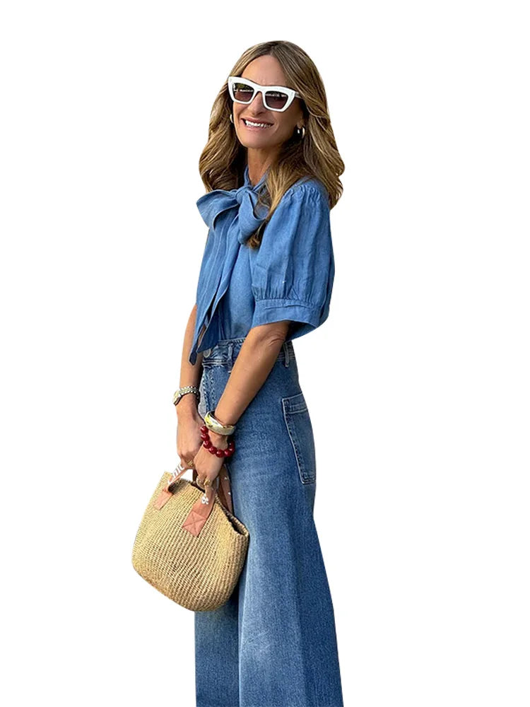 Chic Vintage Bow Lace Women Denim Shirts Pants Sets Baggy Ruff Sleeves Lady Tops Jeans Casual Office Work Elegant Fashion Suits