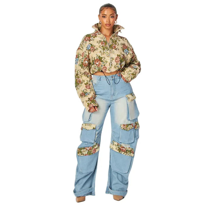 Women Tracksuit Pant Sets Zipper Cardigan Tops Print Zipper Fly Straight Ankle Length Denim Pants Jean Loose Matching Sets Y2k