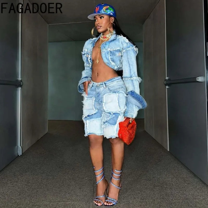 FAGADOER Summer New Fashion Denim 2 Piece Sets Woman Outfit Long Sleeves Patchwork Crop Jacket + Short Female Streetwear New