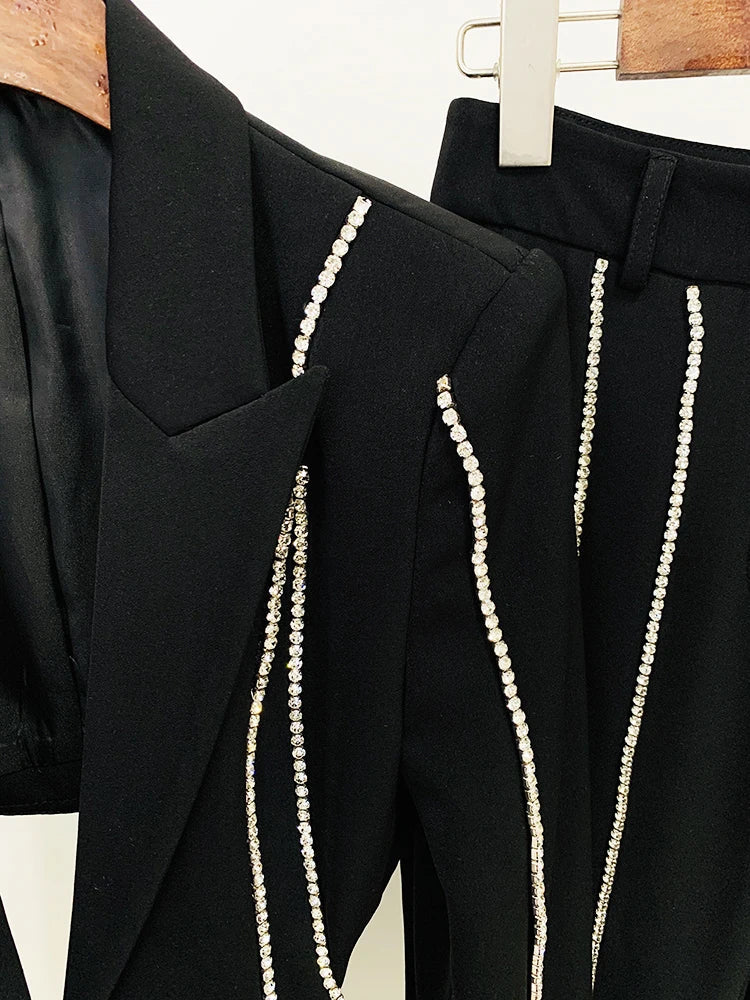 HIGH STREET Newest Fashion 2024 Designer Suit Set Women's Single Button Hollow Out Diamonds Beaded Blazer Flare Pants Set