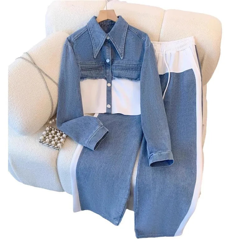 Two Piece Sets Women Pant Set Denim Splice Matching Sets Spring Top Wide Leg Long Pants Casual Loose Lace Up High Waist Jogger