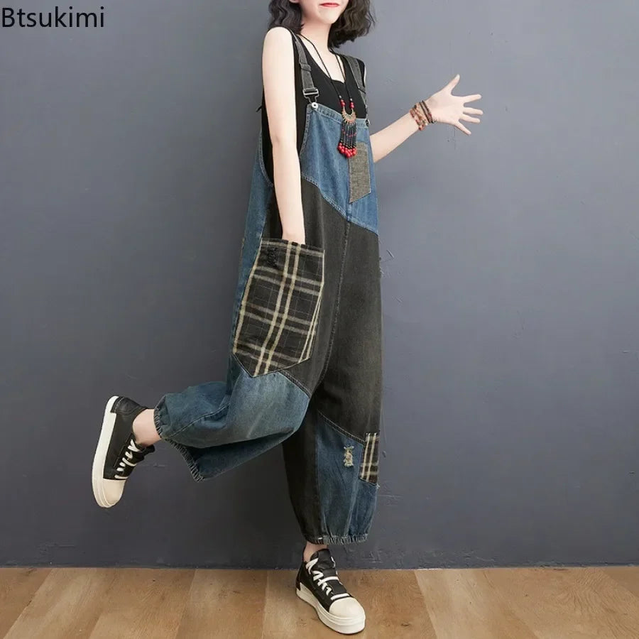 Oversized Denim Straps Pants Women's Fashion Plaid Patchwork Jumpsuits Casual Loose Ladies Wide Leg Reducing Age Jeans Rompers