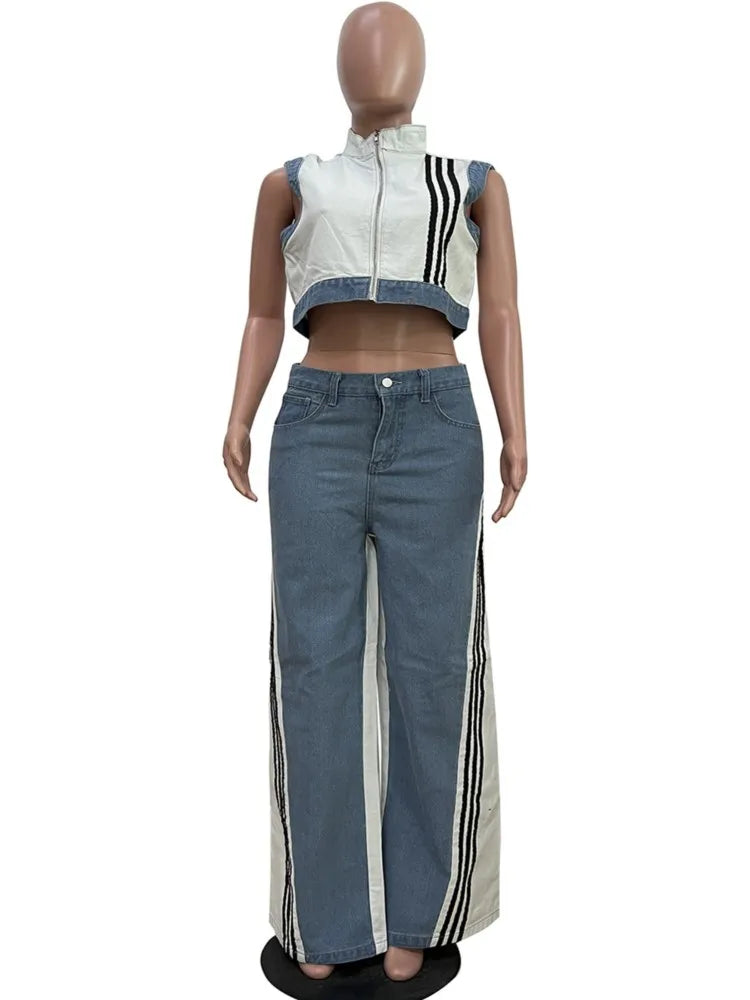 2 Pieces Women's Sets 2025 Spring Summer Denim Sleeveless Suit Tops And Wide Leg Pants Suits Two Piece Set Tracksuit Outfit