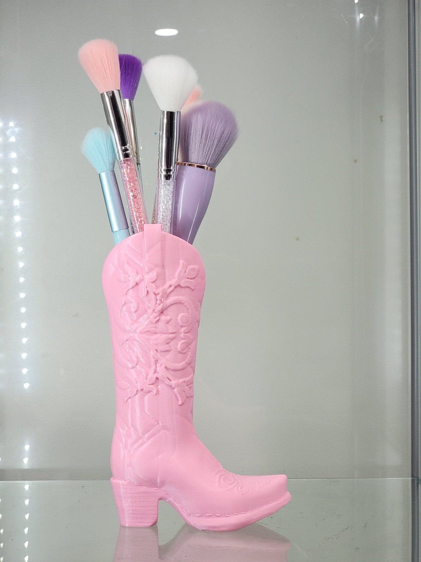 3D Printed Pink Cowboy Boot Brush Holder - Western Decor