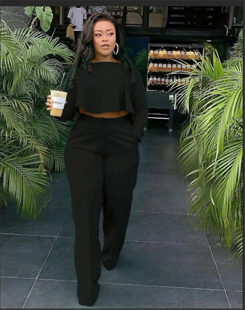 Elegant Work Wear Two Piece Set Fall Clothes for Women Ruffles Crop Top and Wide Leg Pants Suits Matching Sets Sexy Club Outfits