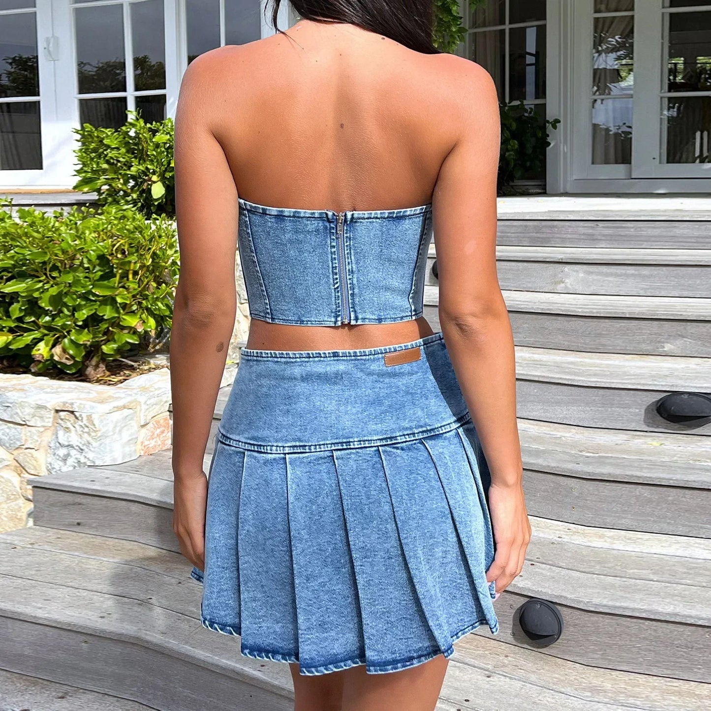 Denim Dress Sets Strapless Pullover Tops Solid Pleated Mini Skirts Spliced High Waist Skirt Matching Sets Streetwear Autumn