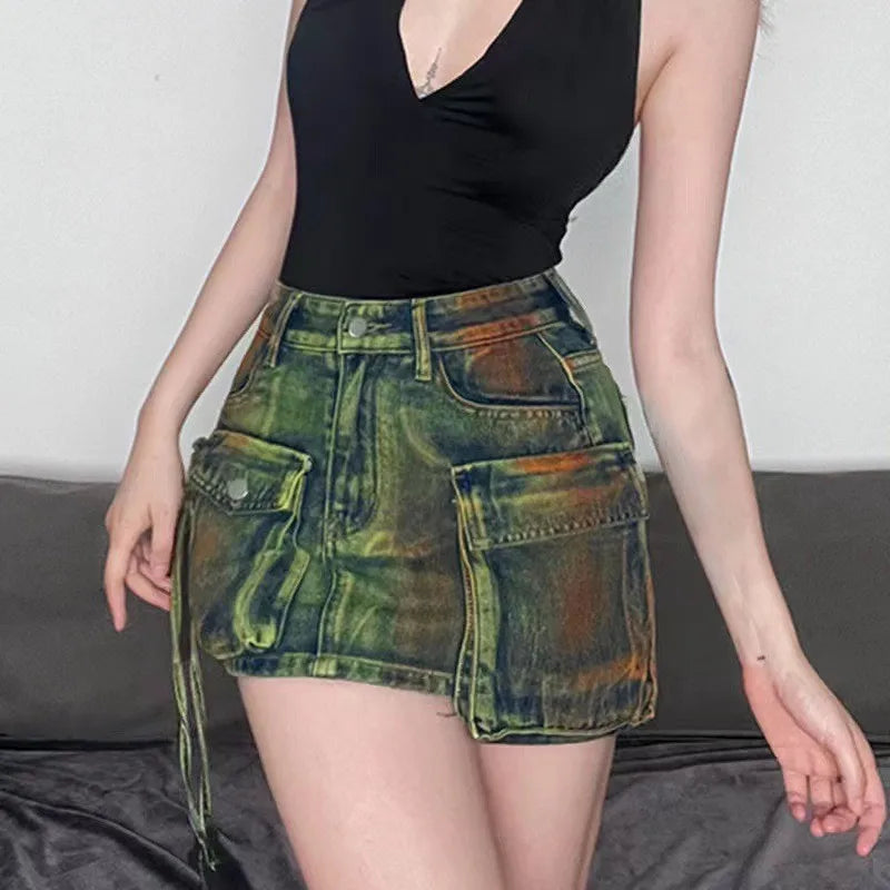 Make-old Three-dimensional Multi-pocket High Waist Denim Skirt. New Asymmetrical Casual A-line Mini Skirt for Women in Summer