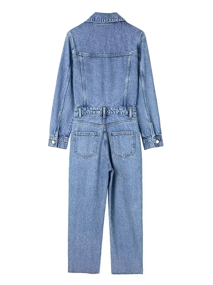 Autumn Denim Jumpsuit for Women Overalls Woman Jean Overalls Long Sleeve Elegant Jumpsuits Y2k Streetwear 2024 Turn Down Collar