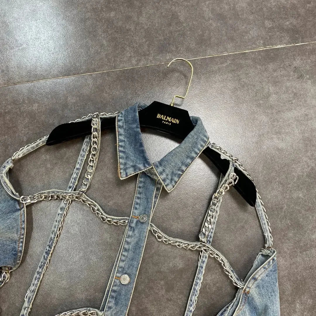 Denim Jacket 2023 Spring Summer Lapels Long Sleeve Chain Hollow Cool Handsome Street Denim Long Sleeve Jeans Jacket for Women