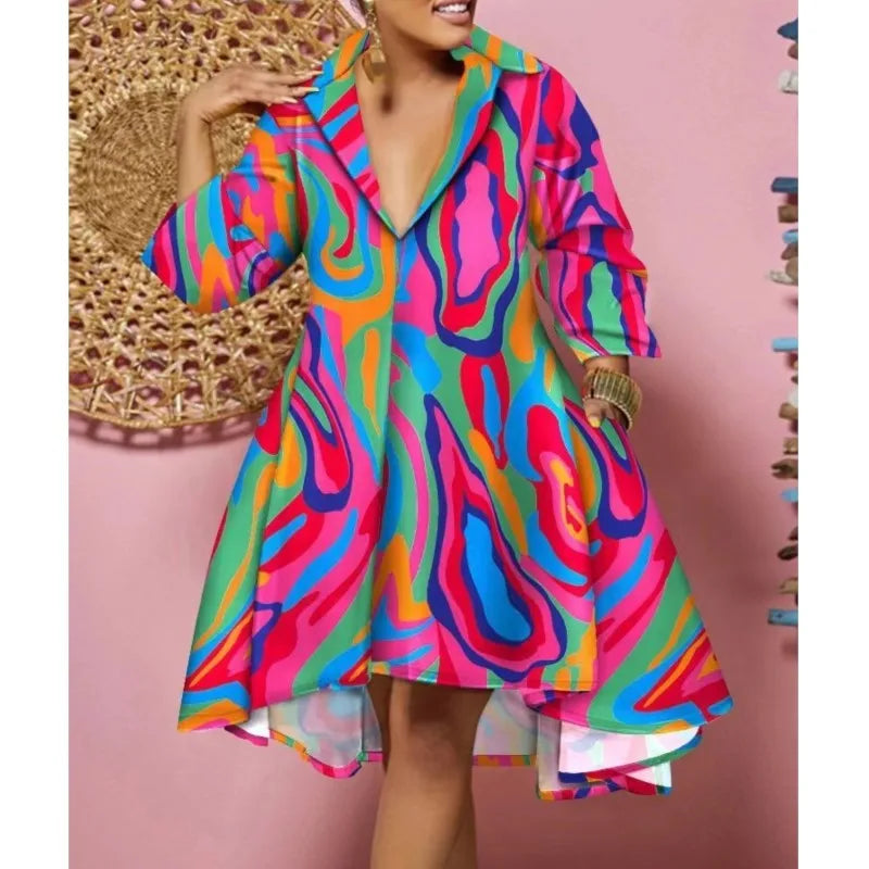 Women Sexy Fashion Printed Shirt Dresses Chic V Neck Loose Long Sleeve Dress Causal Vacation Female Mini Vestidos Robe Clothing