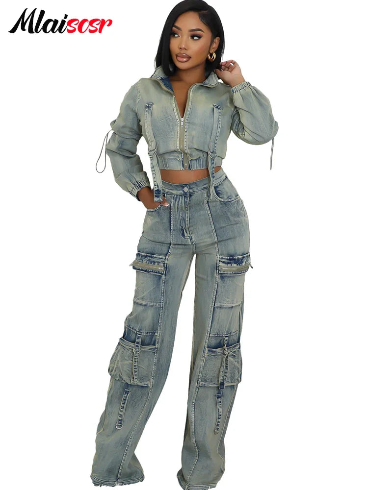 Mlaiscsr Vintage Stretch Denim 2 Piece Pants Sets Women Zip Slim Jackets and Pocket Cargo Jeans Outfit Streetwear Winter Suits