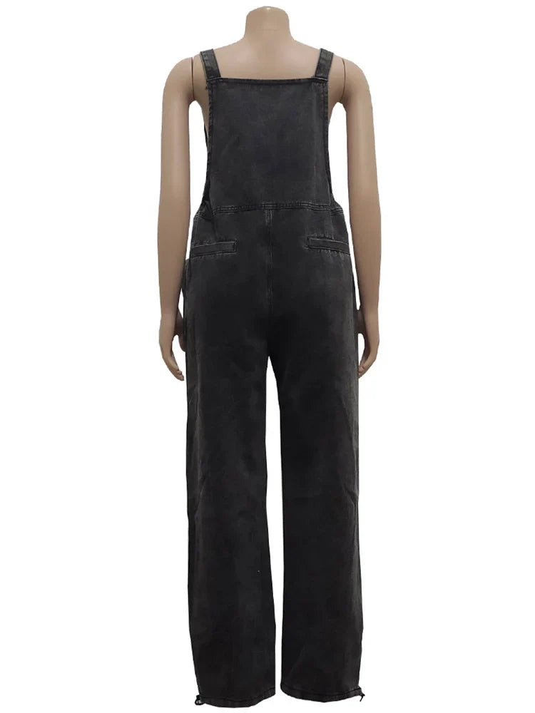 Wmstar Women's Jumpsuit Denim Cargo Pockets One Piece Outfits Wide Leg Black Fashion Streetwear Romper Wholesale Dropshipping