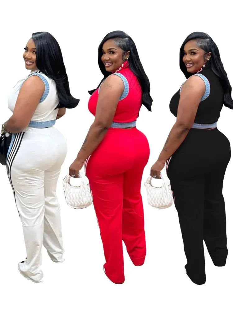 2 Pieces Women's Sets 2025 Spring Summer Denim Sleeveless Suit Tops And Wide Leg Pants Suits Two Piece Set Tracksuit Outfit