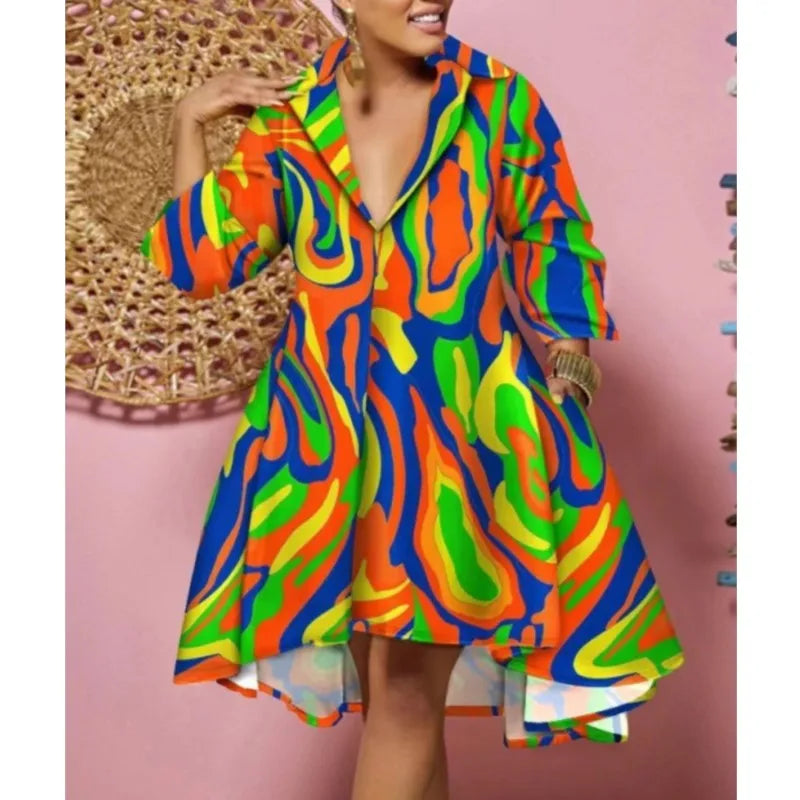 Women Sexy Fashion Printed Shirt Dresses Chic V Neck Loose Long Sleeve Dress Causal Vacation Female Mini Vestidos Robe Clothing